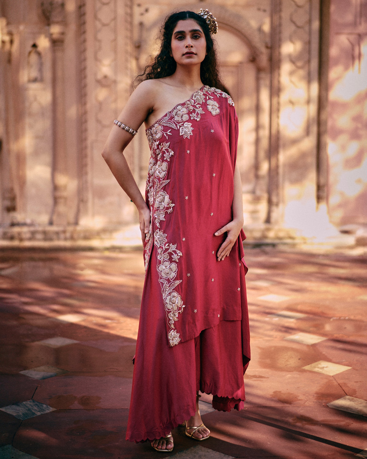 Pink One Shoulder Kurta With Asymmetrical Palazzo set