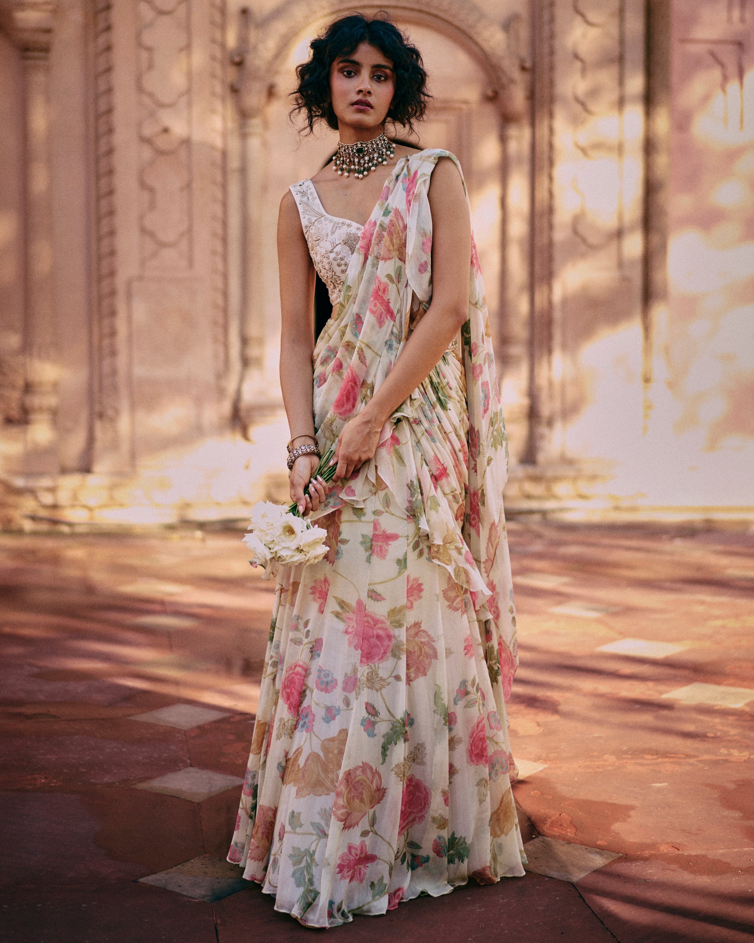 Ivory Floral Chintz Pre-Draped Sari Set