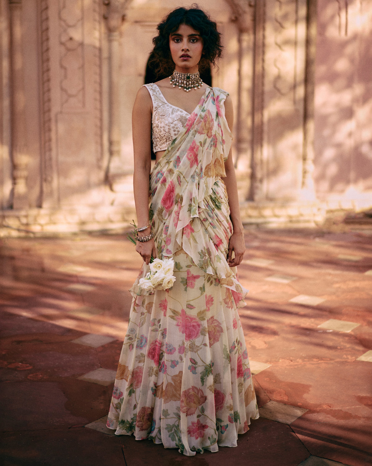 Ivory Floral Chintz Pre-Draped Sari Set