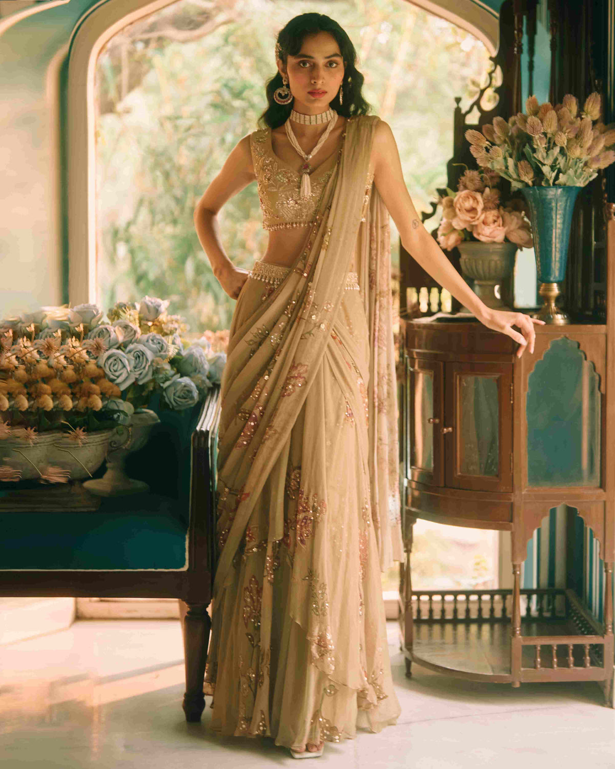 Beryl Olive Green Sari Set