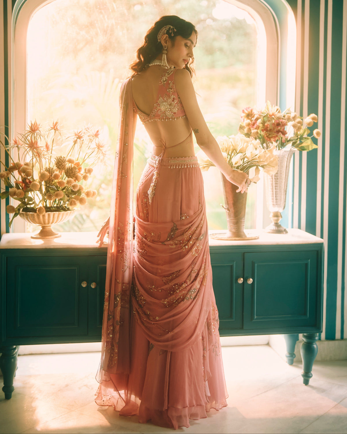 Reverie Salmon Pink Sari Set
