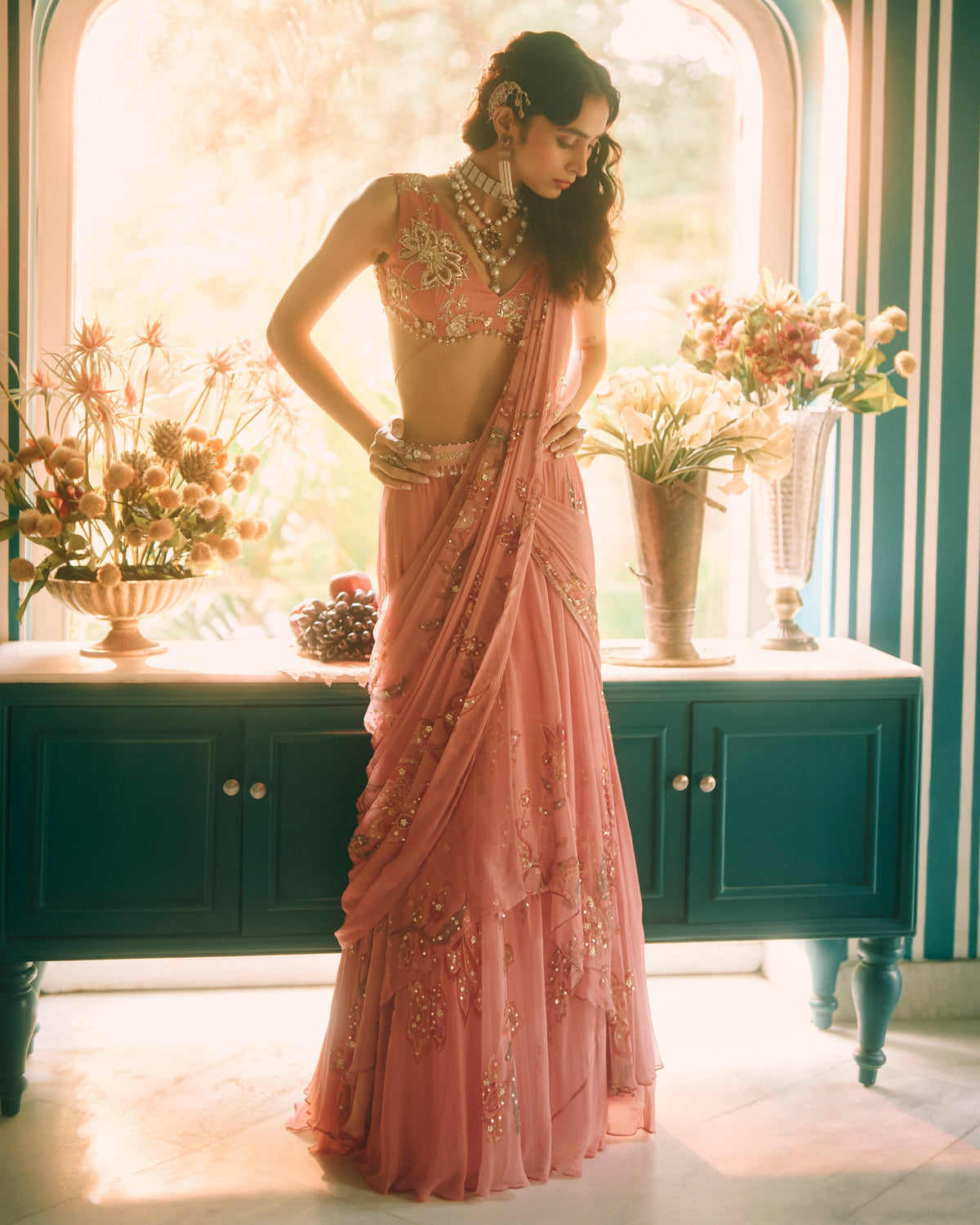 Reverie Salmon Pink Sari Set