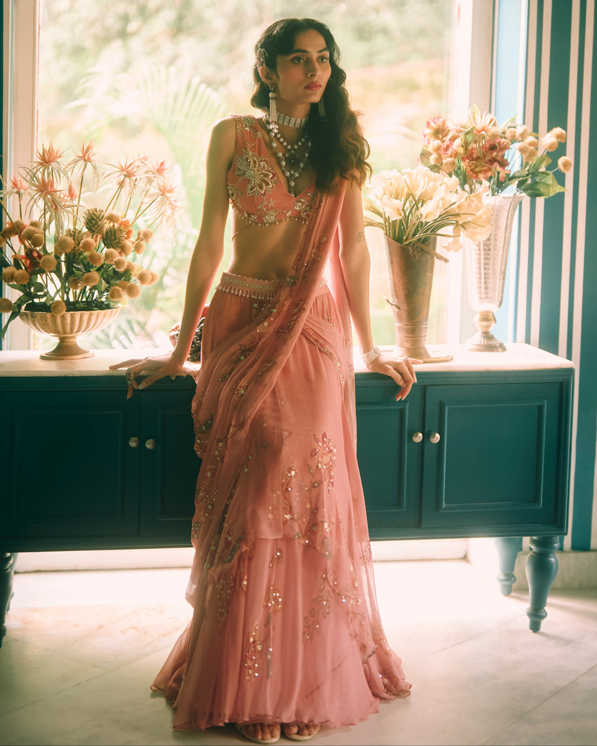 Reverie Salmon Pink Sari Set