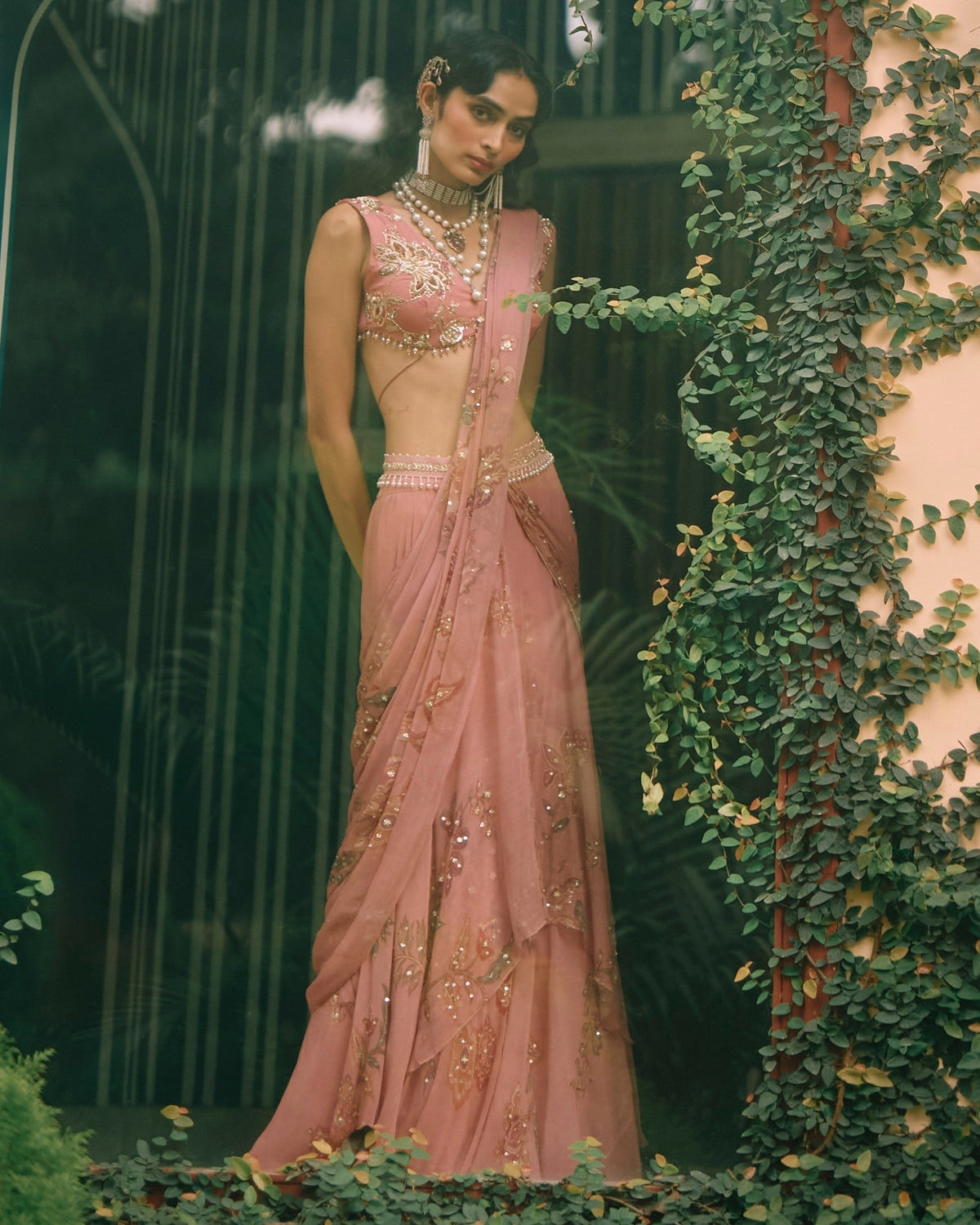 Reverie Salmon Pink Sari Set