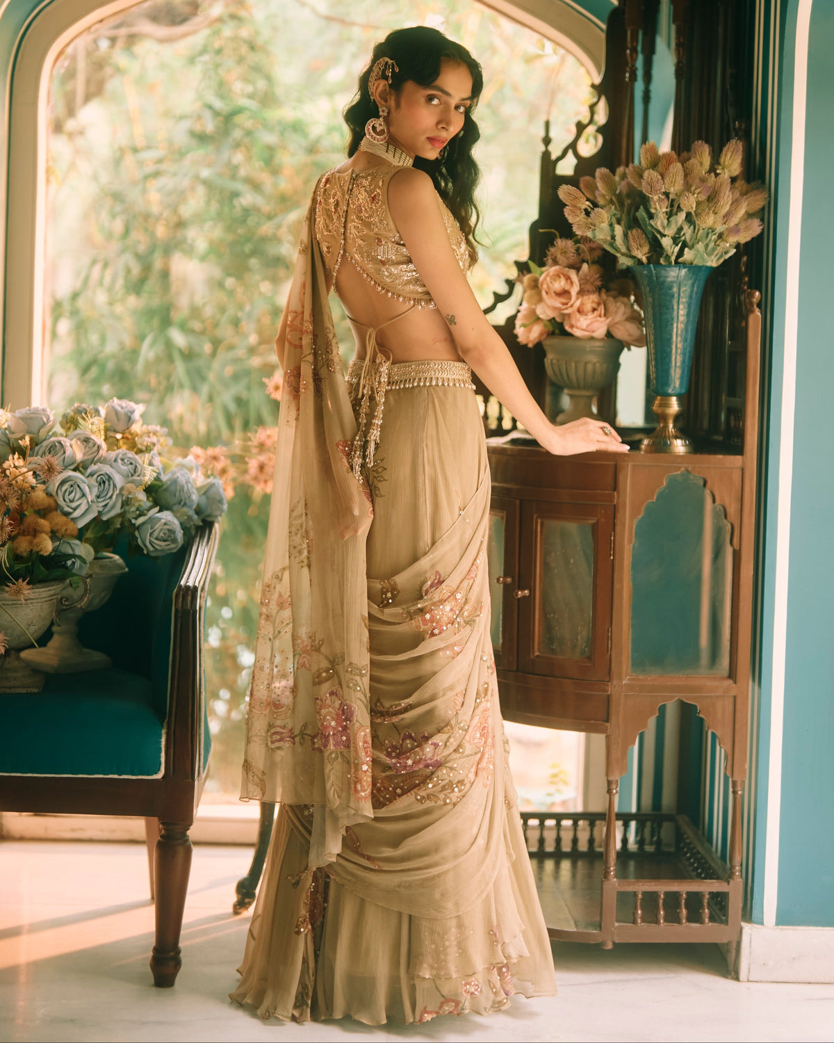 Beryl Olive Green Sari Set