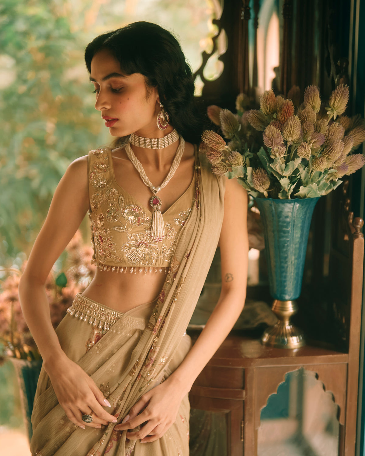 Beryl Olive Green Sari Set
