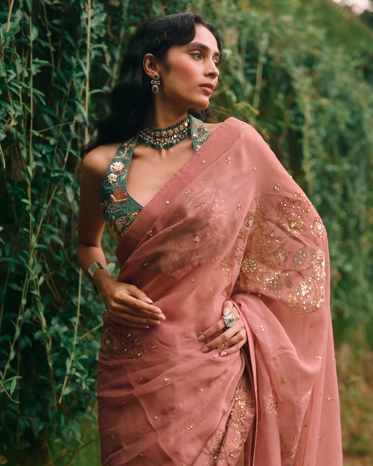 Rosy Salmon Pink Sari Set