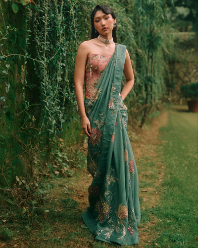 Rosy Forest Green Sari Set