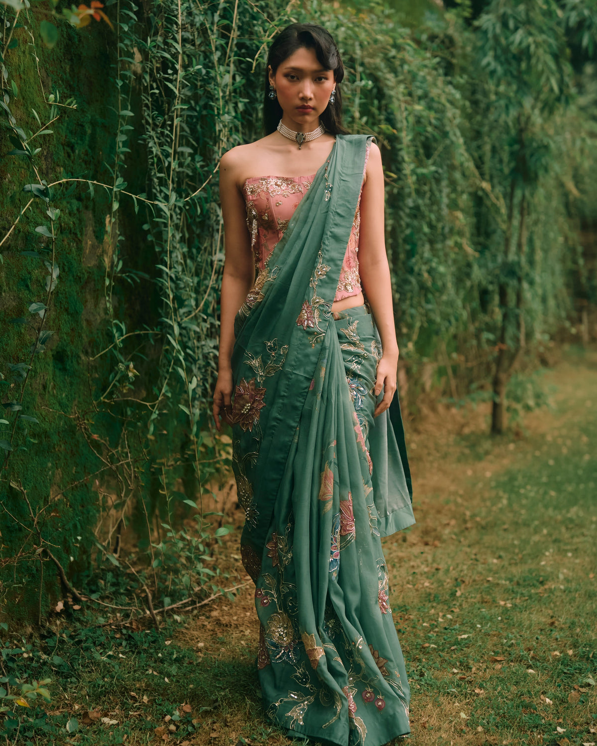 Rosy Forest Green Sari Set