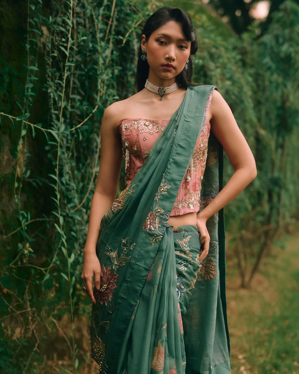 Rosy Forest Green Sari Set