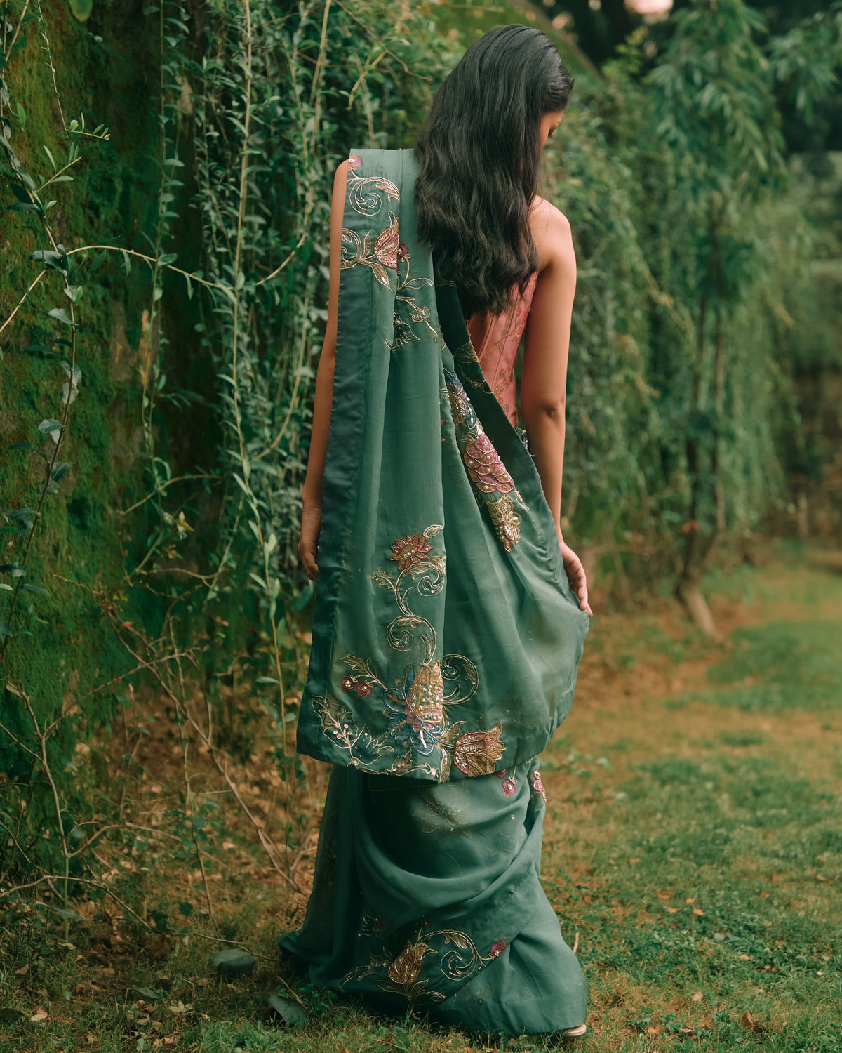 Rosy Forest Green Sari Set