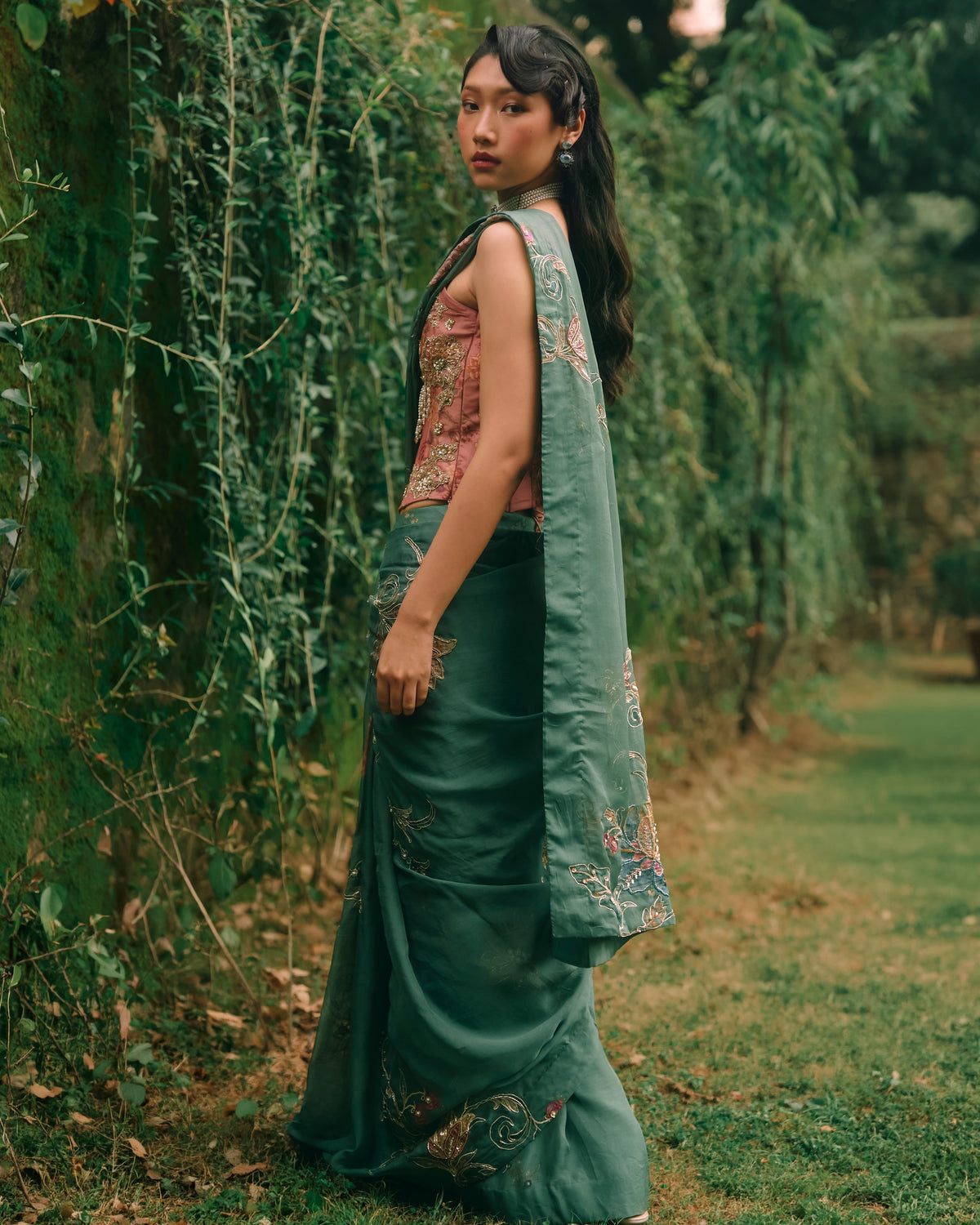 Rosy Forest Green Sari Set