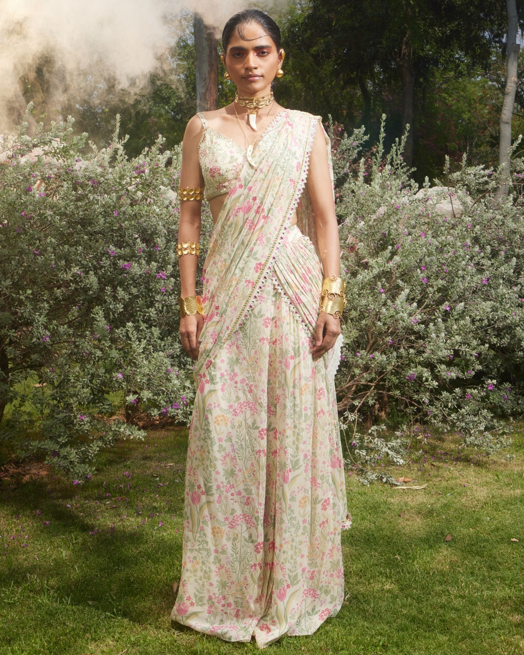 Ivory Floral Sari Set