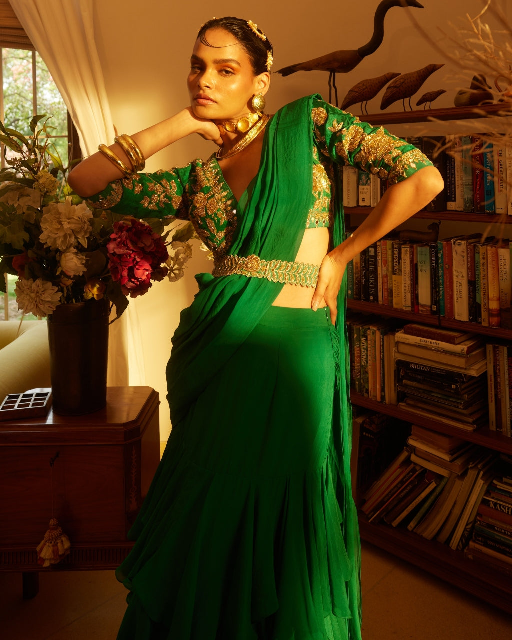 Black Chiffon Saree with Emerald Green Crystal Belt