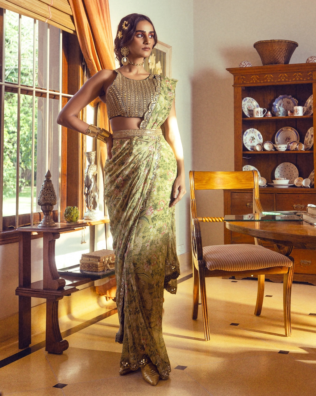 Sage Green Printed Sari Set