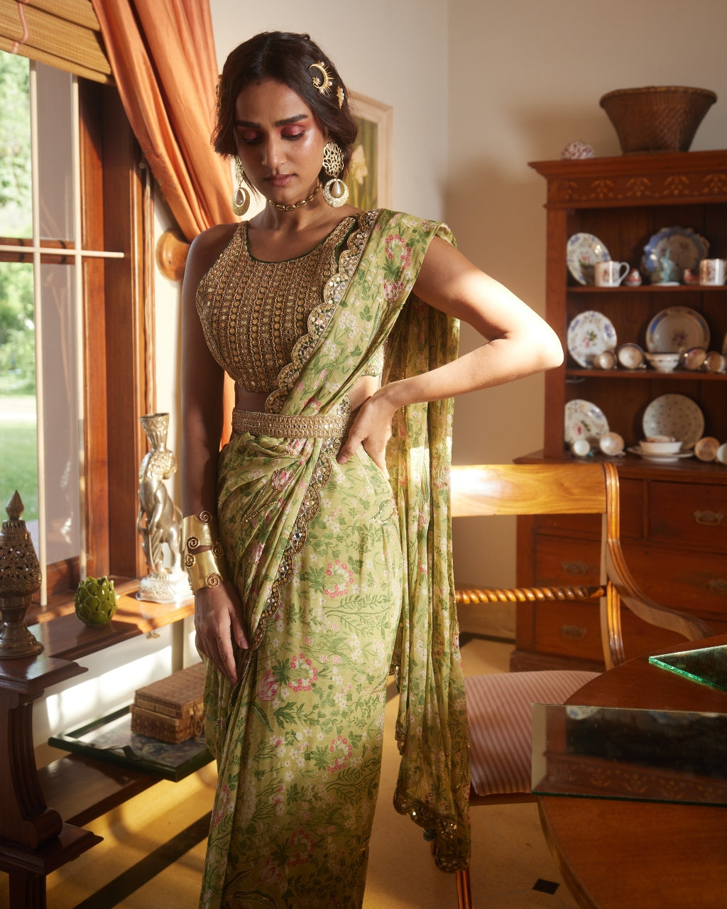 Sage Green Printed Sari Set