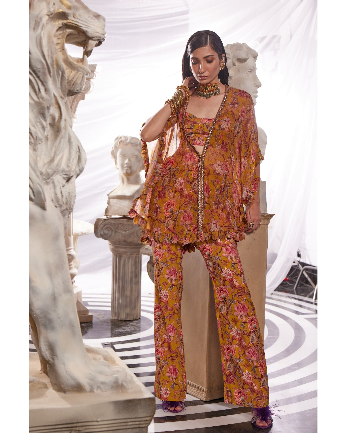 Ridhima Bhasin - Beige Georgette Printed Floral Motifs Bell Bottom Pant Set  With Cape For Women