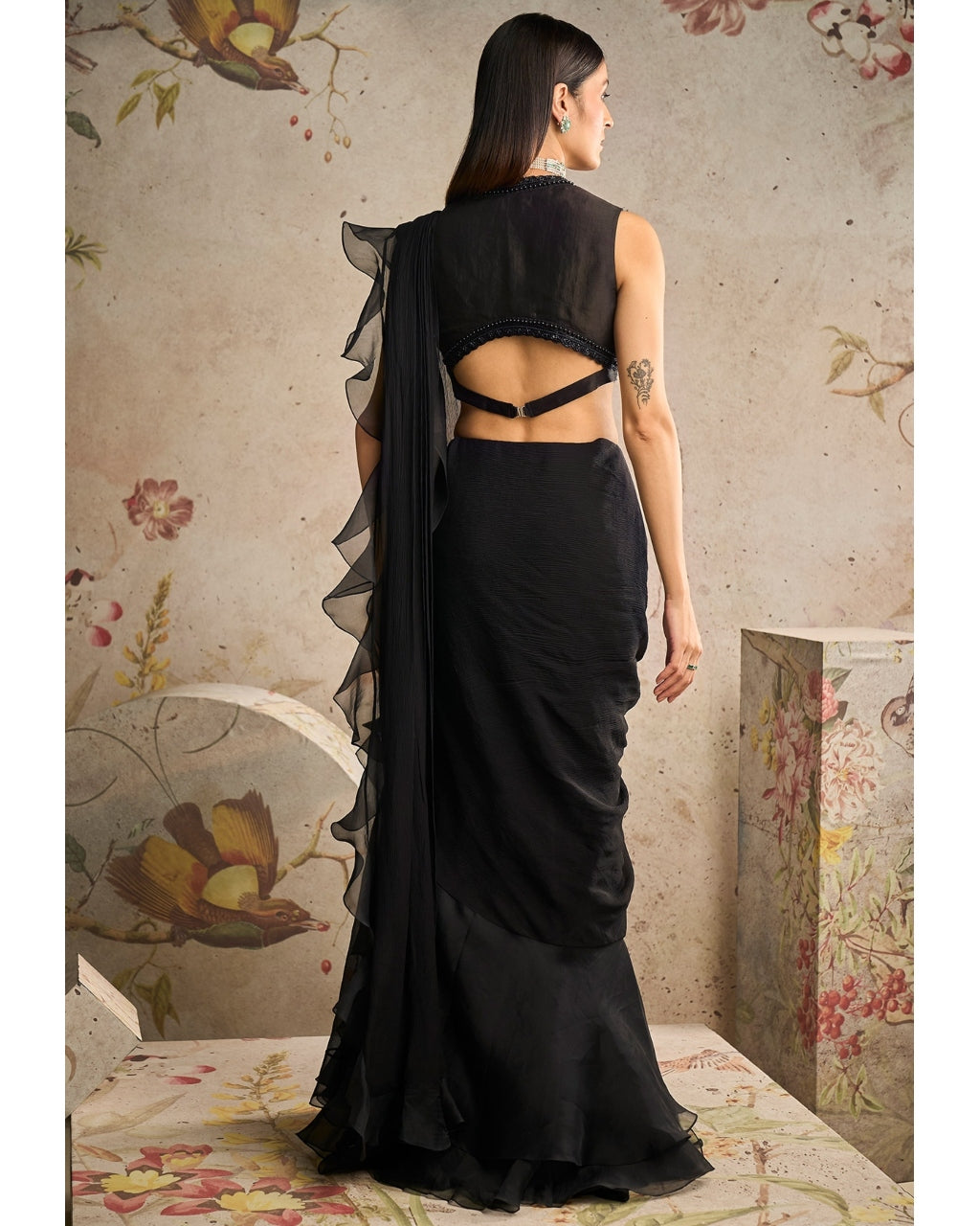 Buy Grey Chiffon Embroidered Folklore Line V Neck Saree With