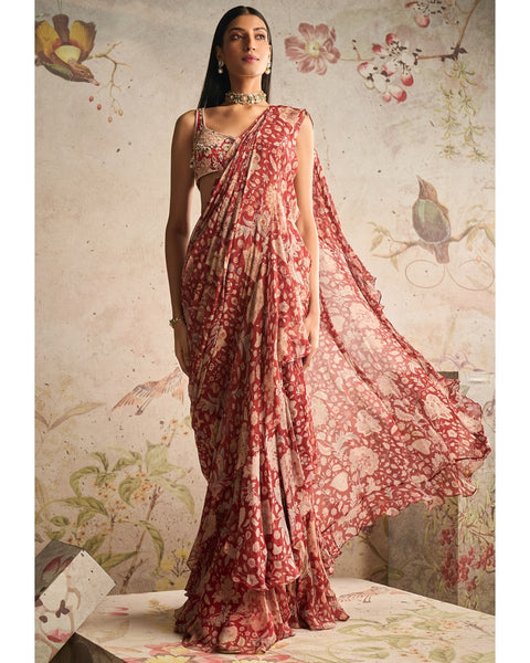 Red Ochre Printed Ruffle Sari Set Ridhi Mehra KYNAH