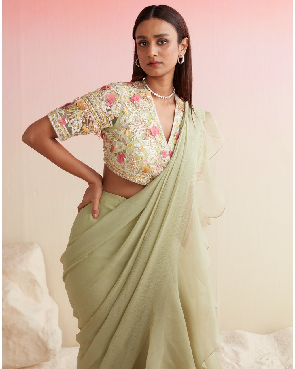 Mint Green Embroidered Sari Set