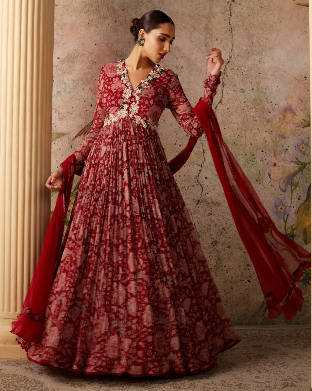 Red Ochre Print Flair Anarkali Set