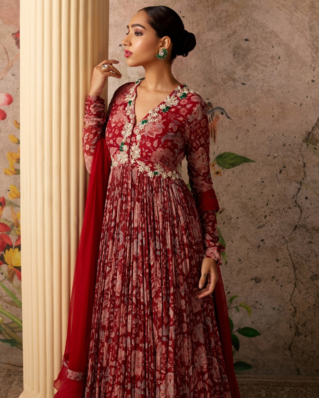 Red Ochre Print Flair Anarkali Set