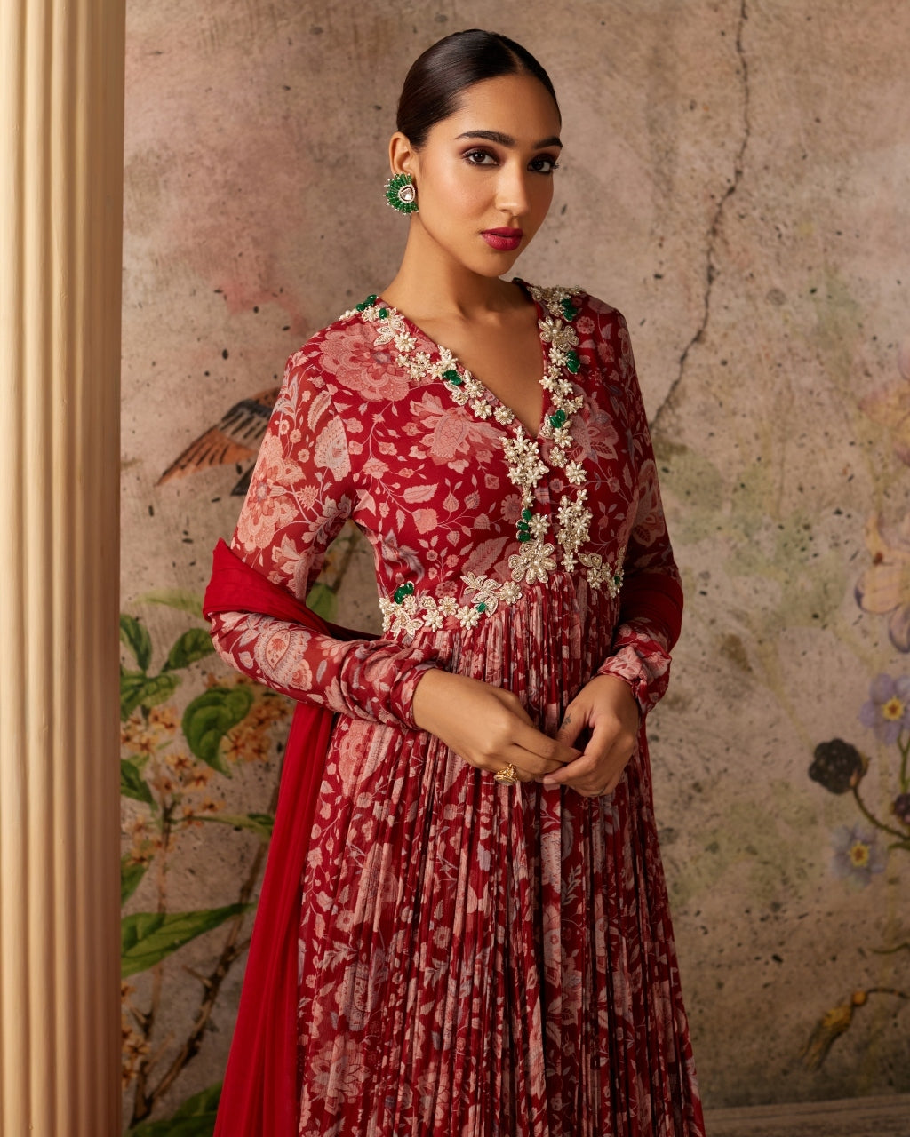 Red Ochre Print Flair Anarkali Set