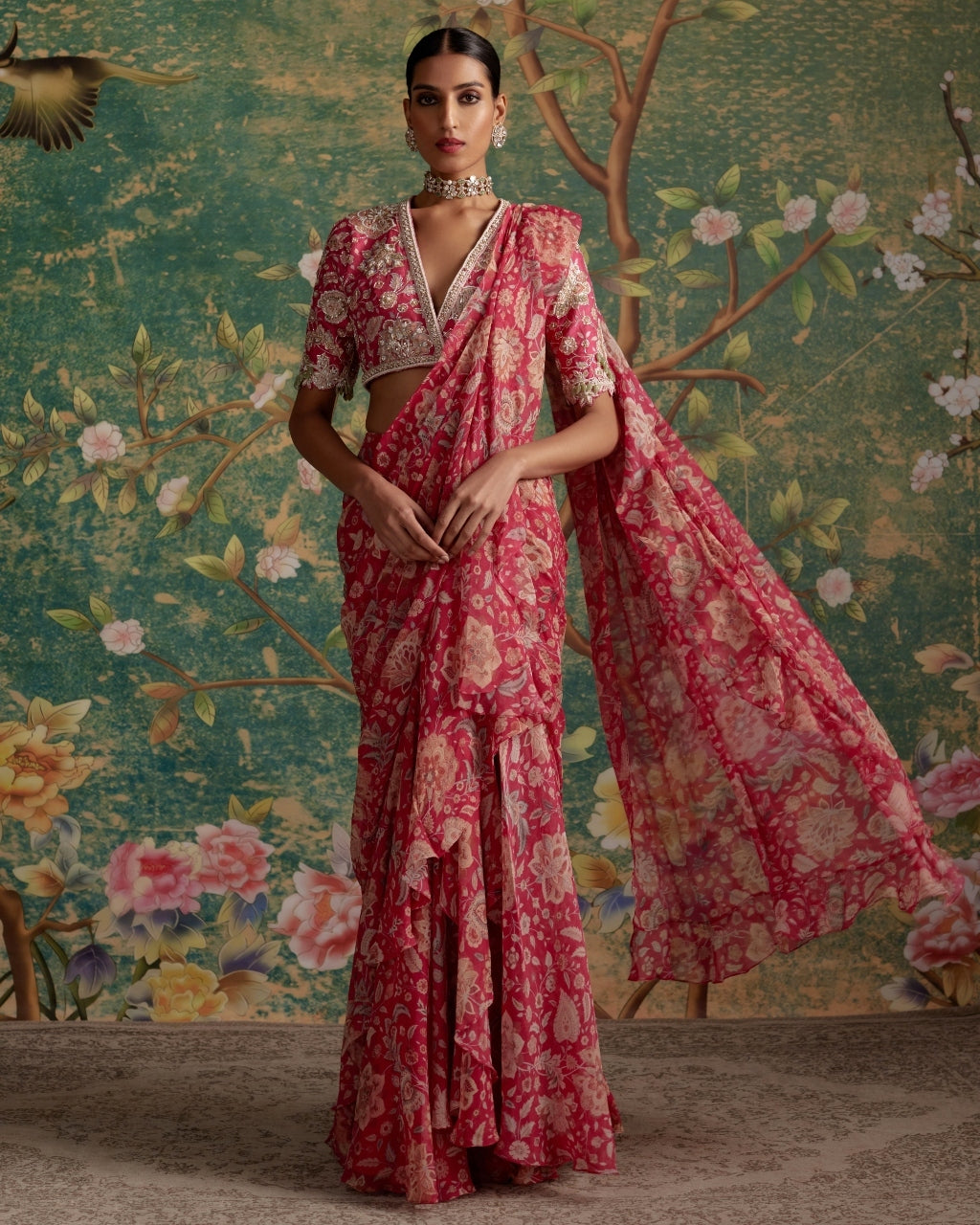 Royal Fuchsia Print Flamboyance Sari Set