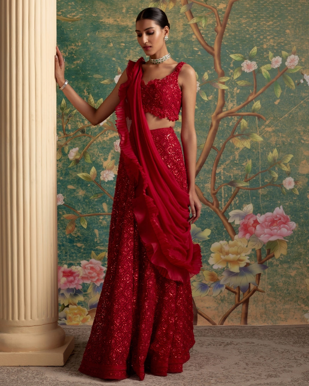 Red Finesse Lehenga Sari Set