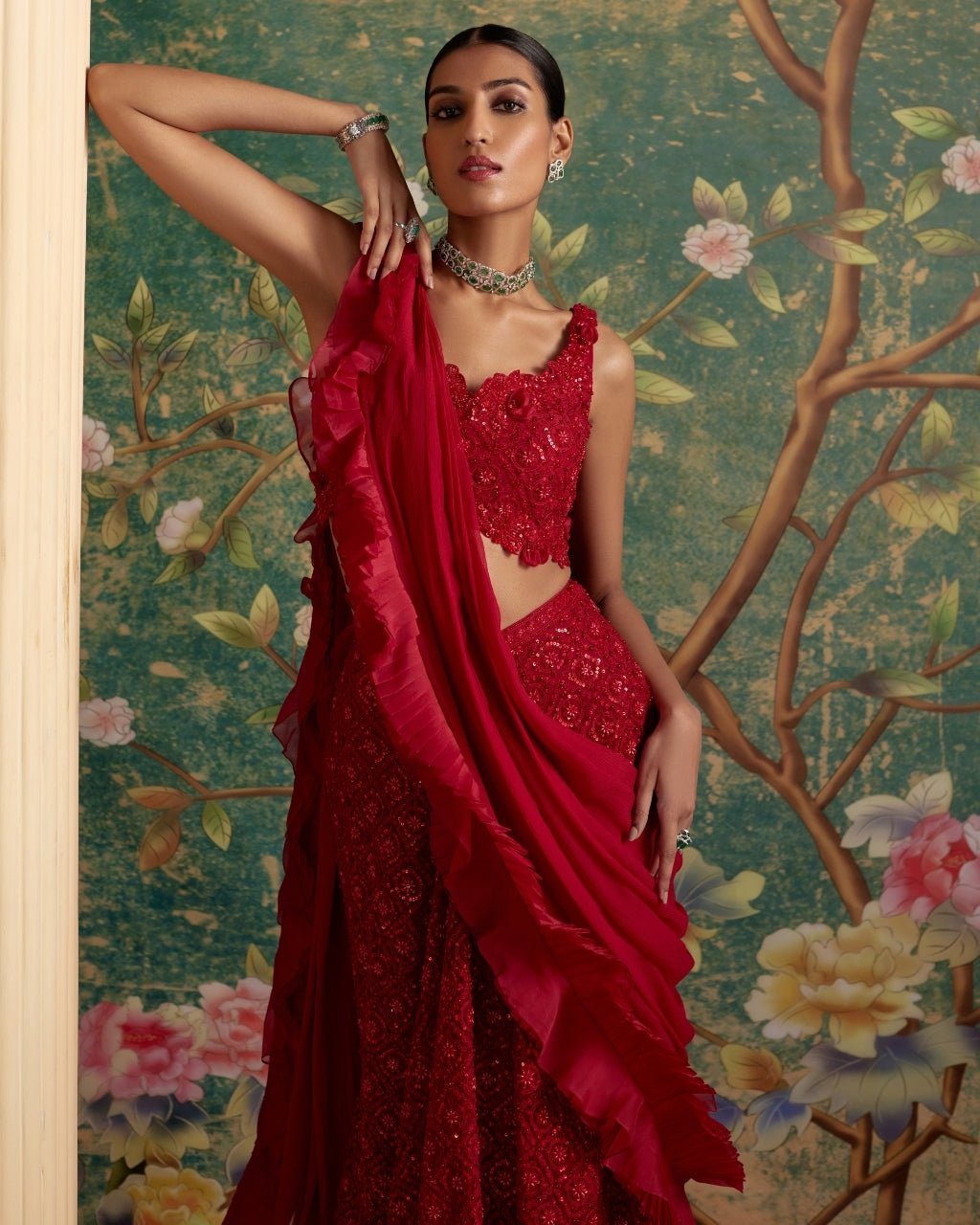 Red Finesse Lehenga Sari Set