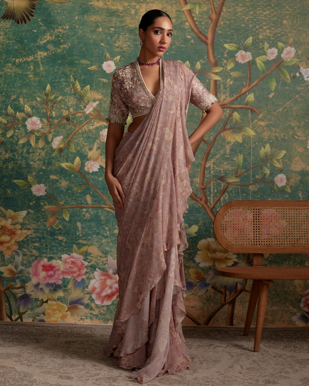Dusky Pink Print Flamboyance Sari Set