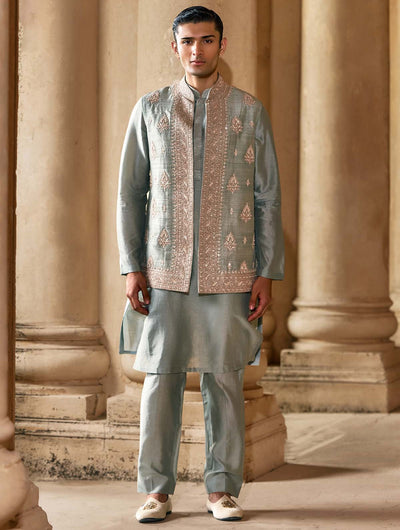 Powder Blue Chanderi Allover Embroidered Bandi Set