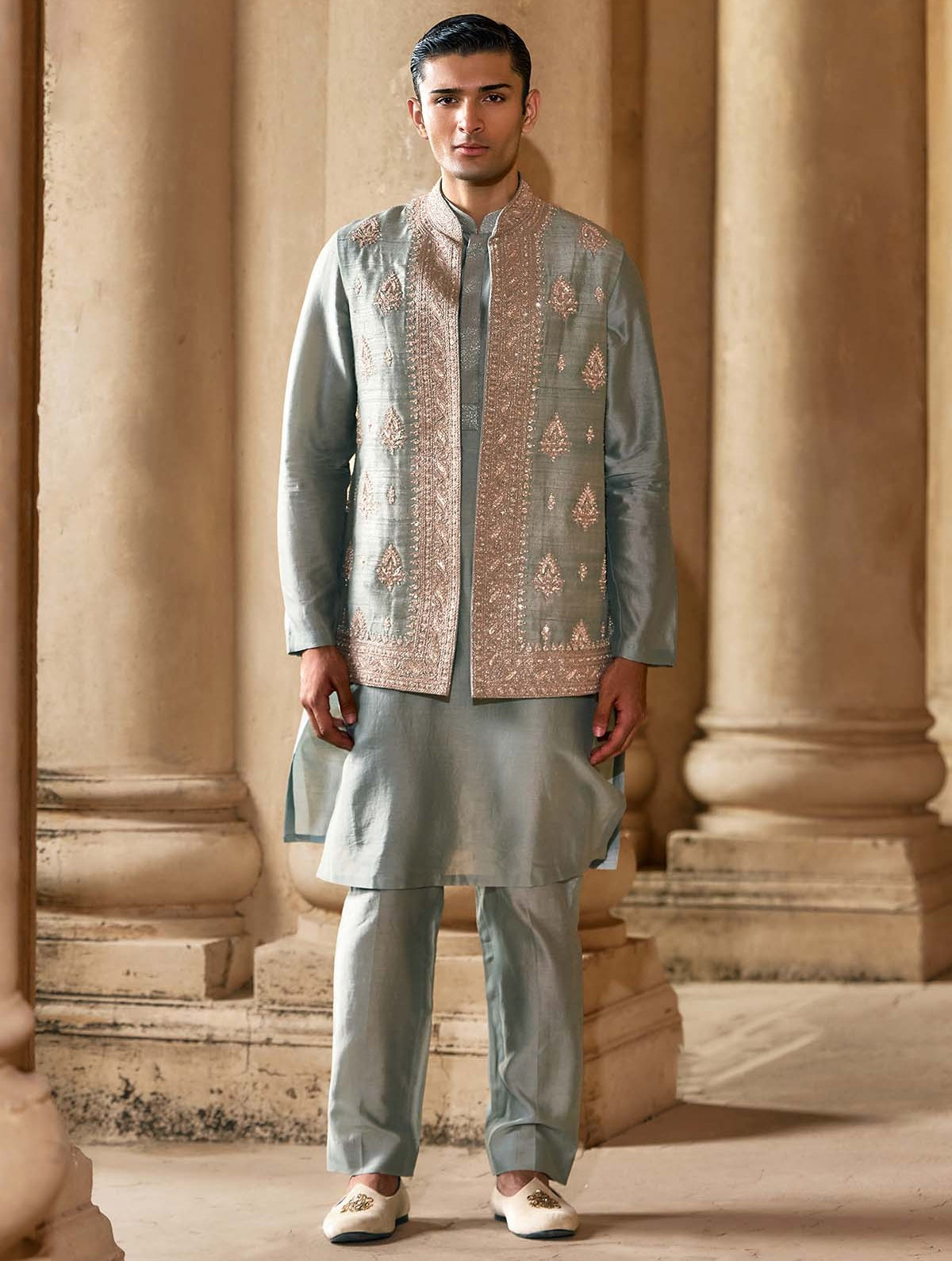 Powder Blue Chanderi Allover Embroidered Bandi Set