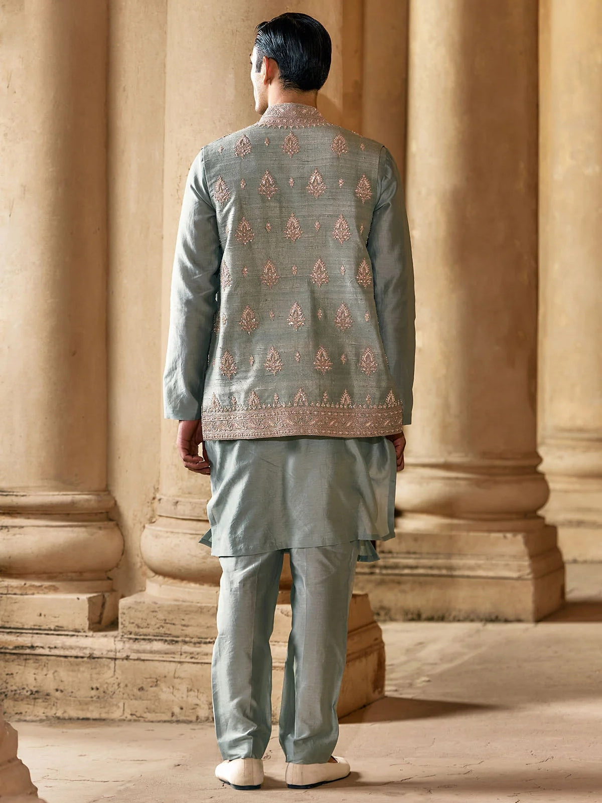 Powder Blue Chanderi Allover Embroidered Bandi Set