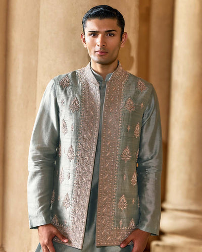 Powder Blue Chanderi Allover Embroidered Bandi Set