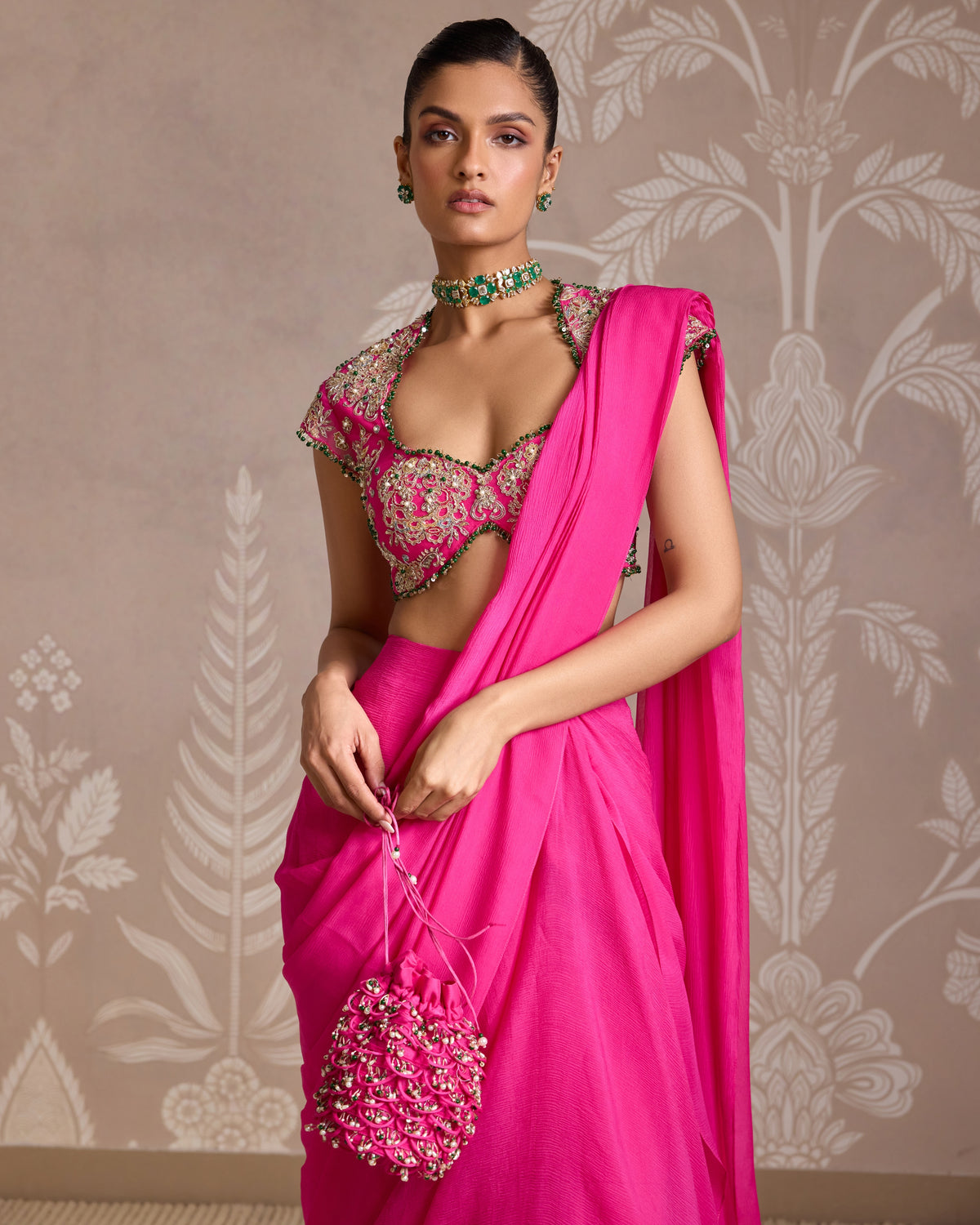 Twinted Tulle Embroidered Pre Draped Sari Set