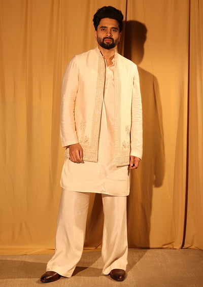 Deep Ivory Tussar Silk Embroidered Bandi Set
