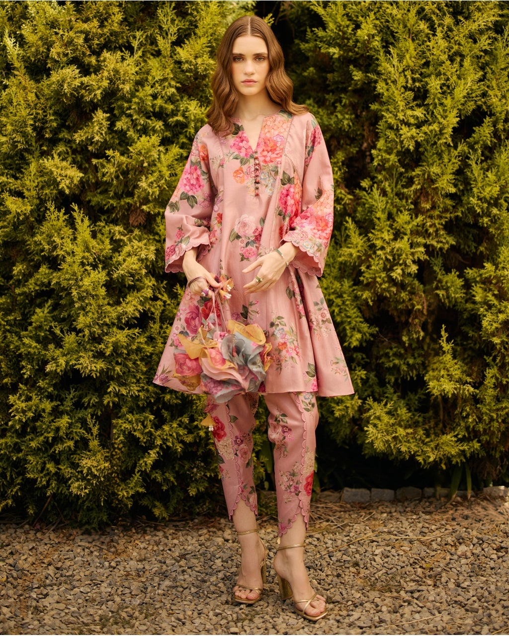 Dusky Pink Floral Print Kurta Set