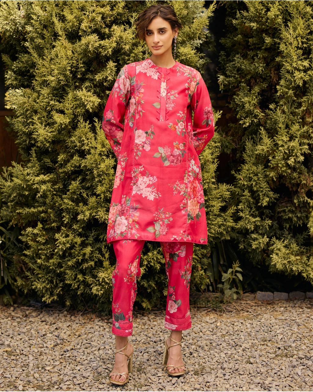 Fuschia Floral Print Kurta Set