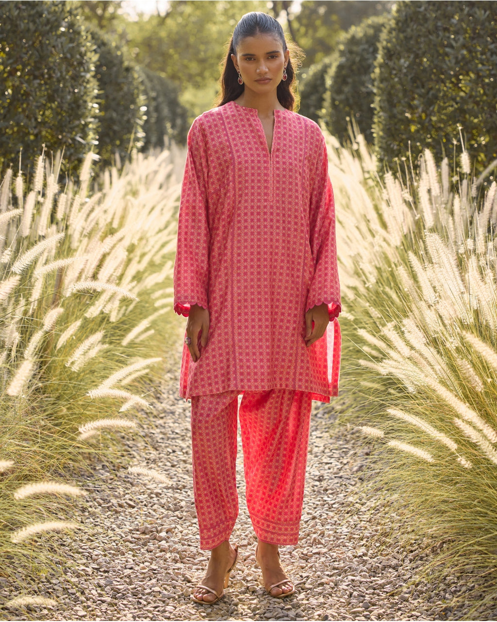 Fuschia Geometric Print Kurta Set