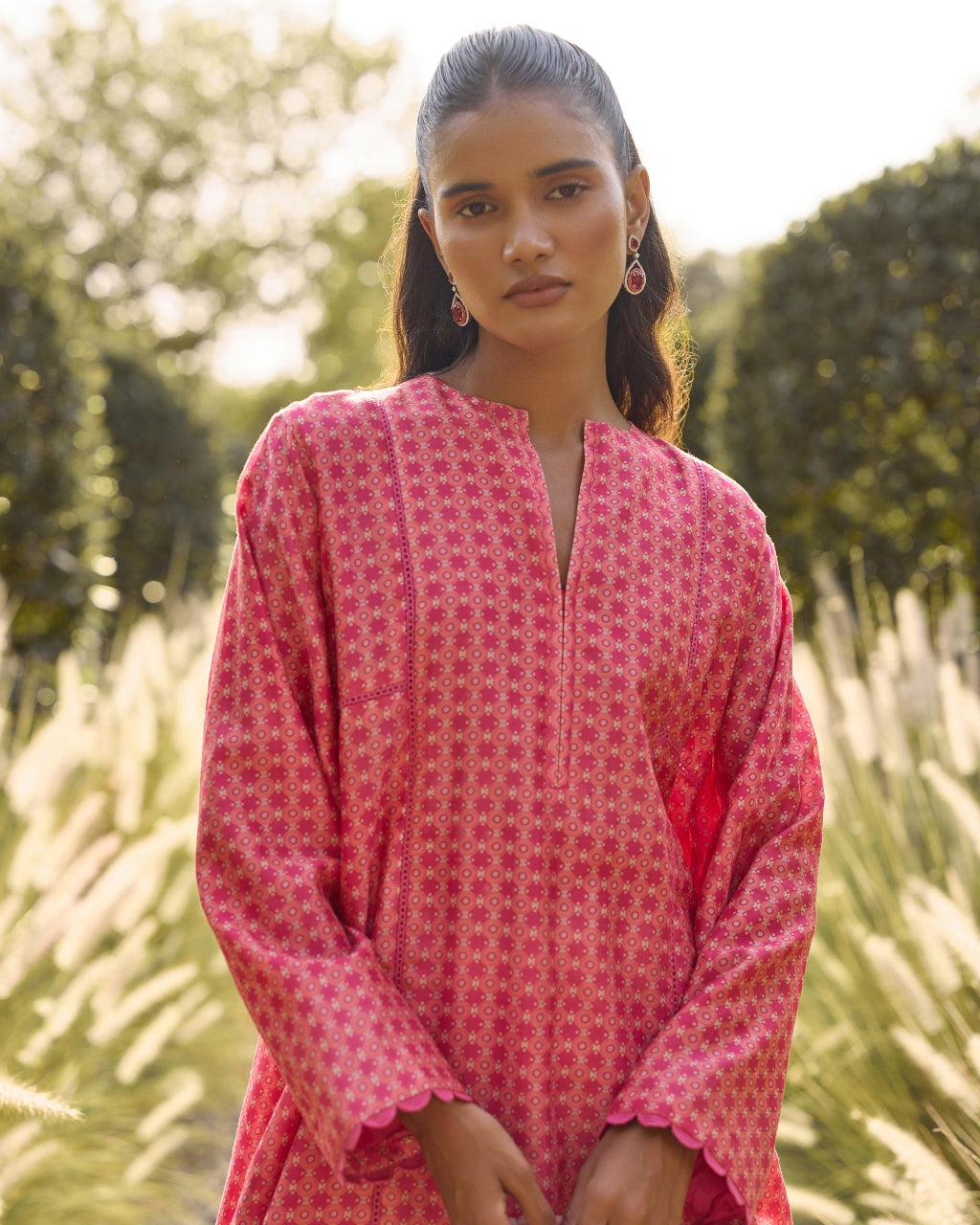Fuschia Geometric Print Kurta Set