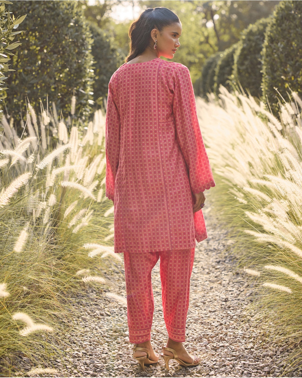 Fuschia Geometric Print Kurta Set