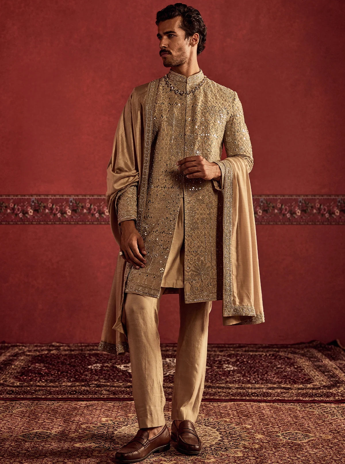 Grey Raw Silk Sherwani Set With Embroidered Shawl