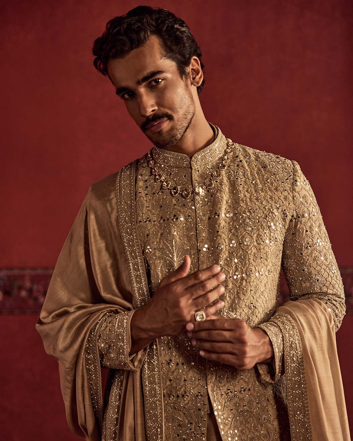 Grey Raw Silk Sherwani Set With Embroidered Shawl