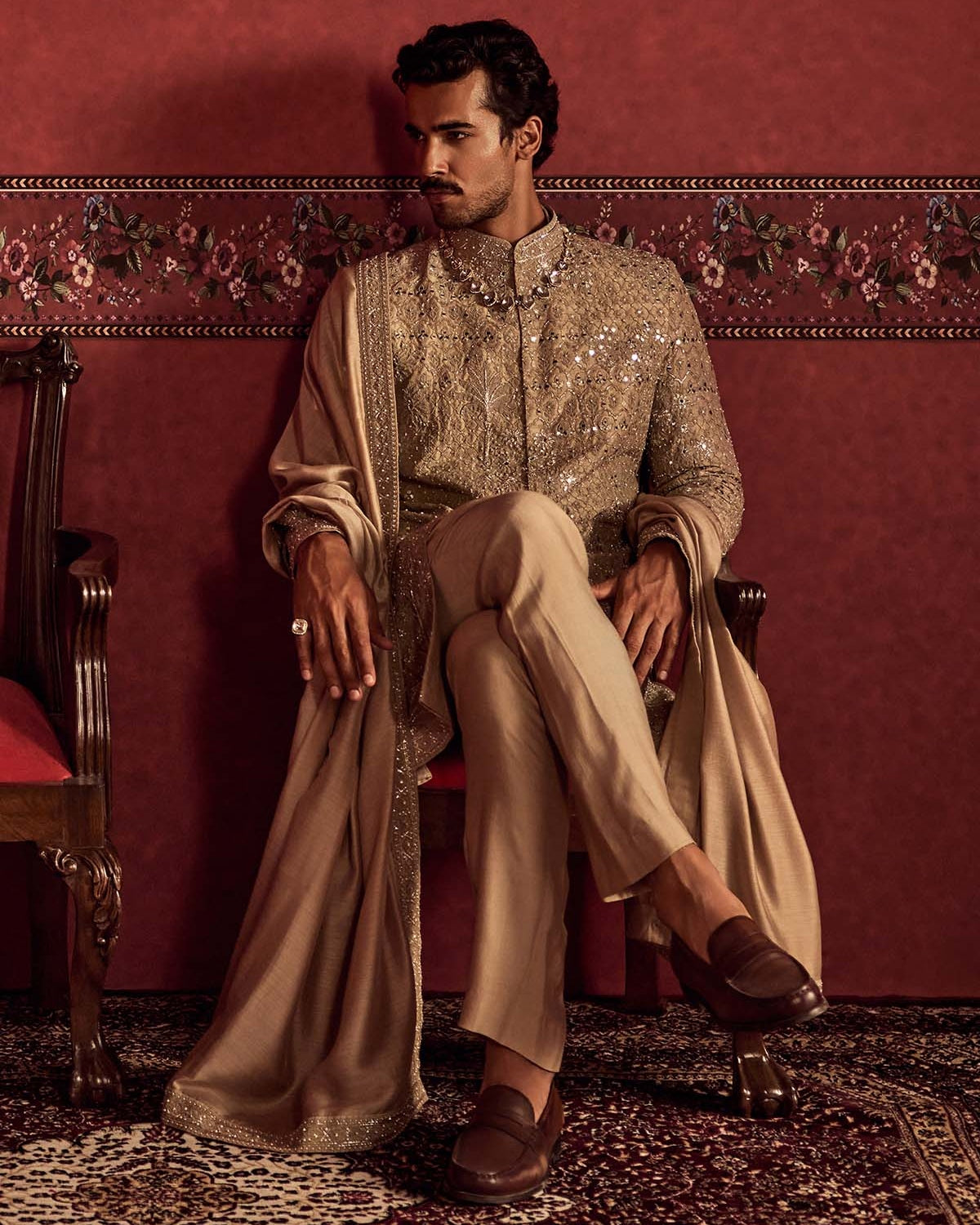 Grey Raw Silk Sherwani Set With Embroidered Shawl