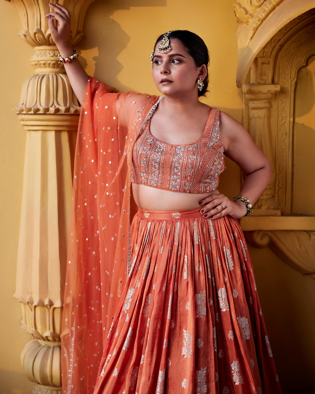 Rust Zest Jamewar Lehenga Set