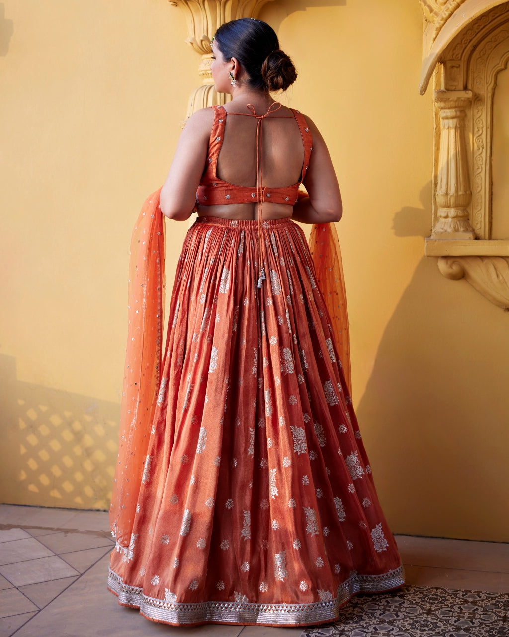 Rust Zest Jamewar Lehenga Set