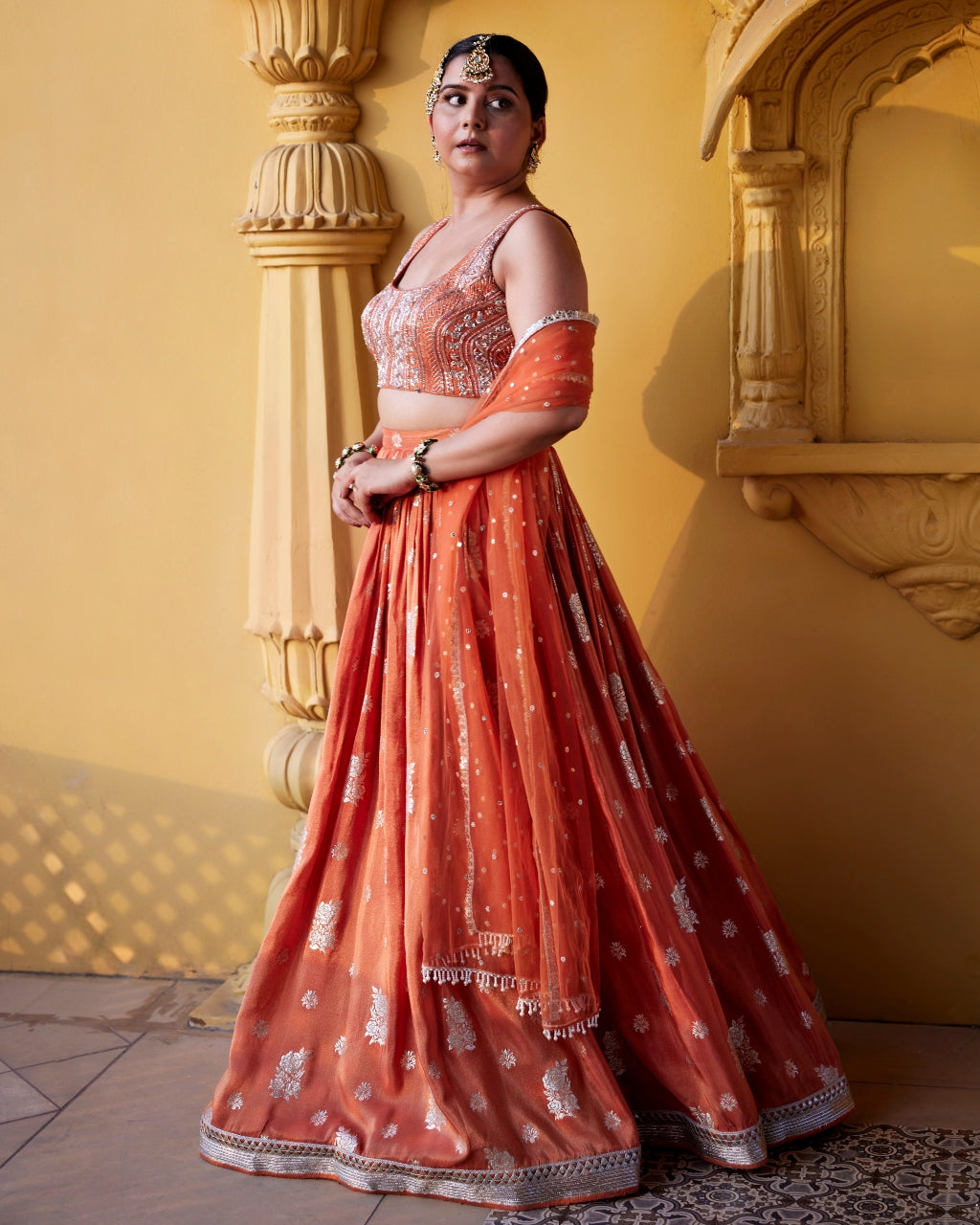 Rust Zest Jamewar Lehenga Set