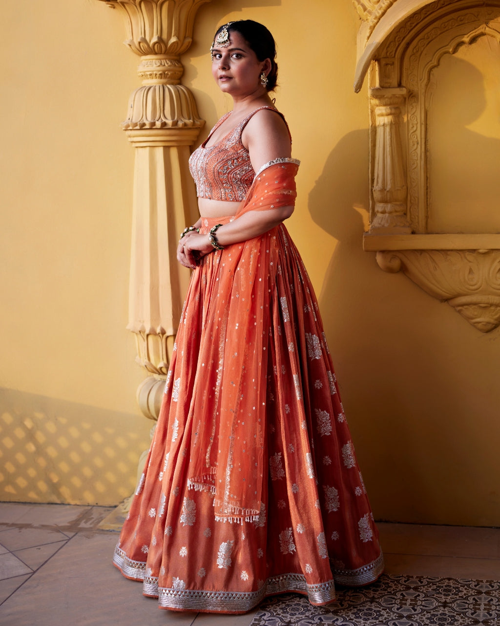 Rust Zest Jamewar Lehenga Set