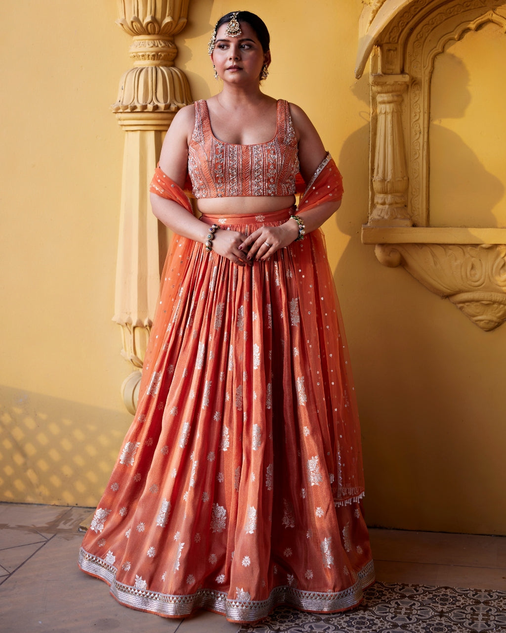 Rust Zest Jamewar Lehenga Set